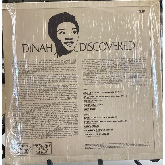 Dinah Washington "Dinah Discovered" Vinyl LP 33 RPM Mercury Records MVL 309 - Picture 2 of 5